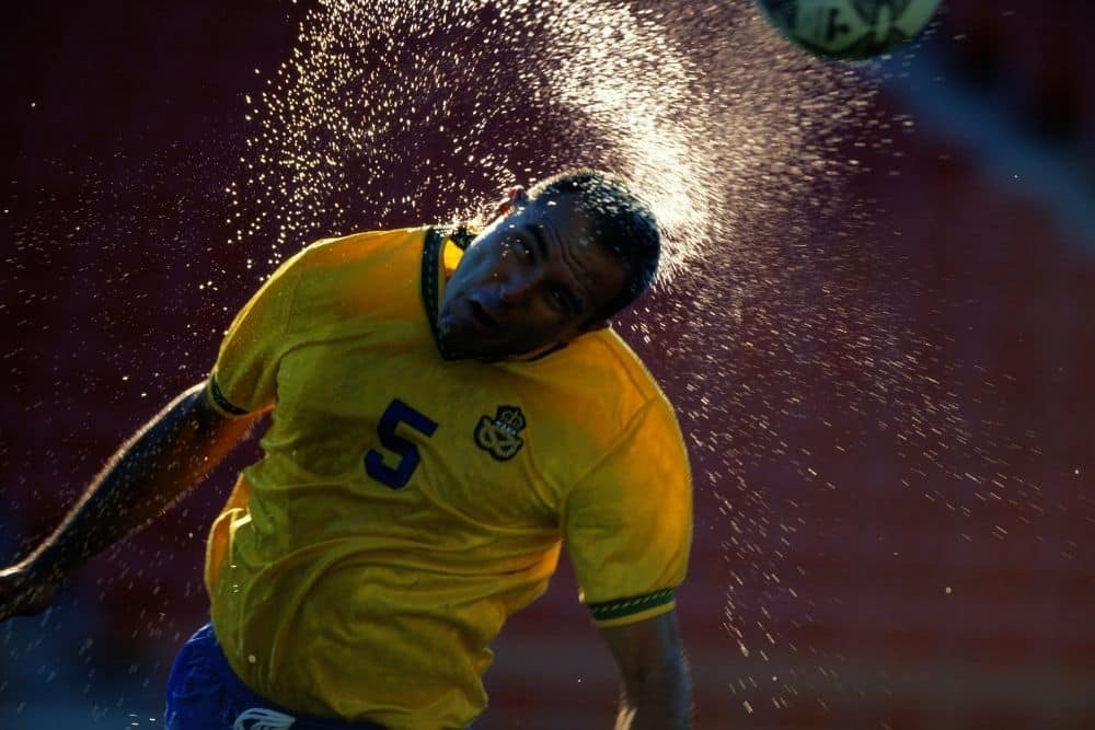 A soccer player with a lot of sweat