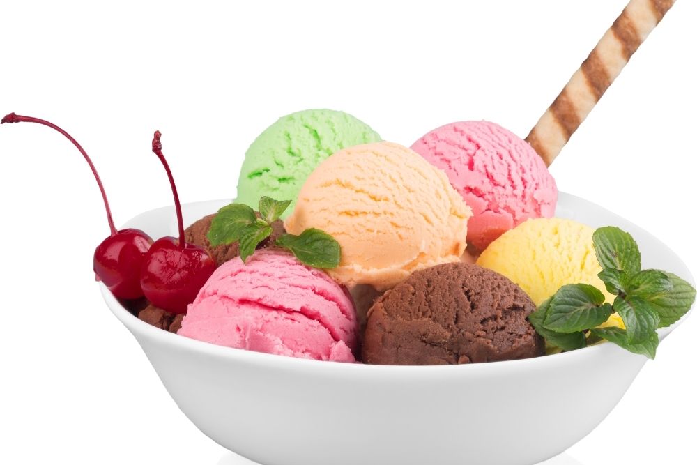 A bowl of ice cream with a lot of color