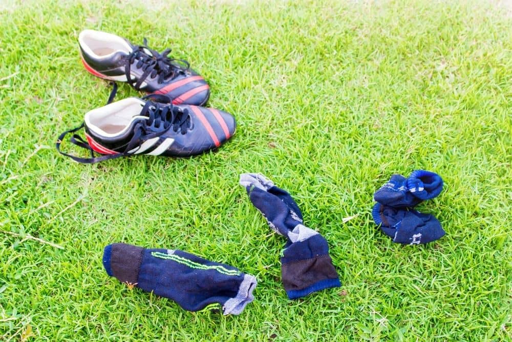 Soccer shoes and socks are on the field