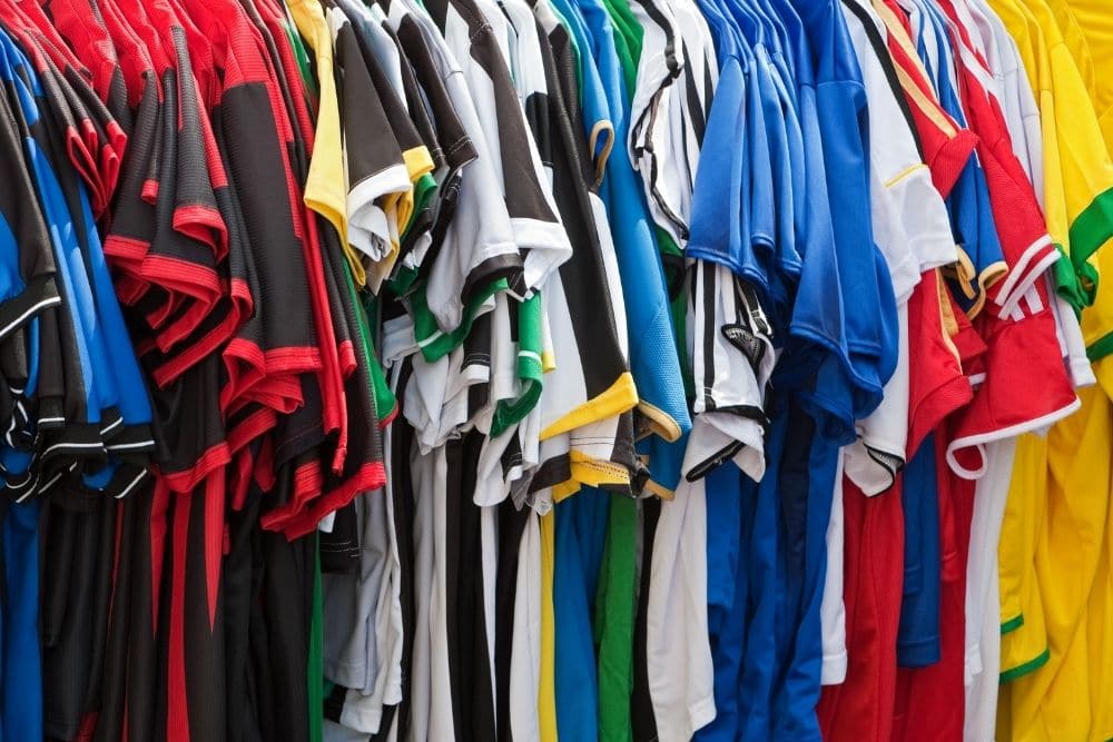 There are many soccer jerseys that be hang up side by side