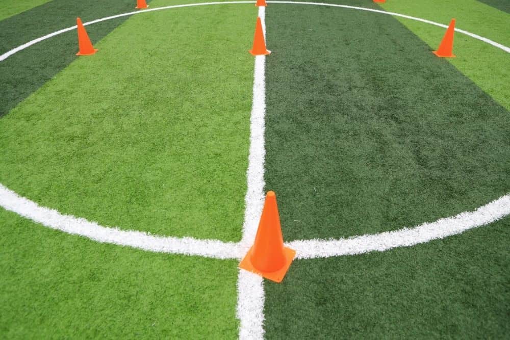 Several cones were arranged for a soccer practice