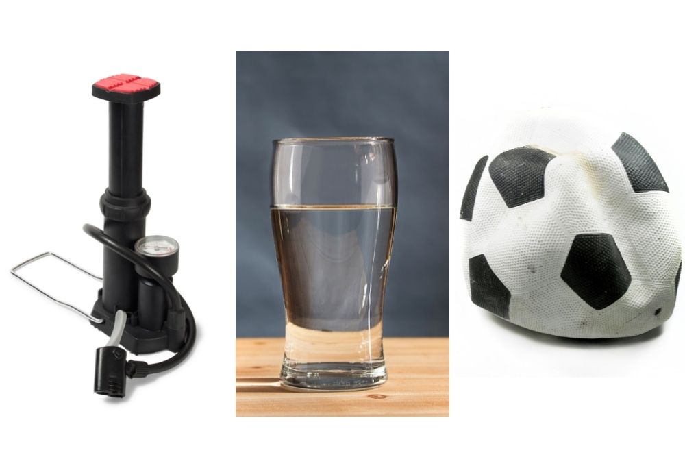bike pump, water cup and deflated soccer ball