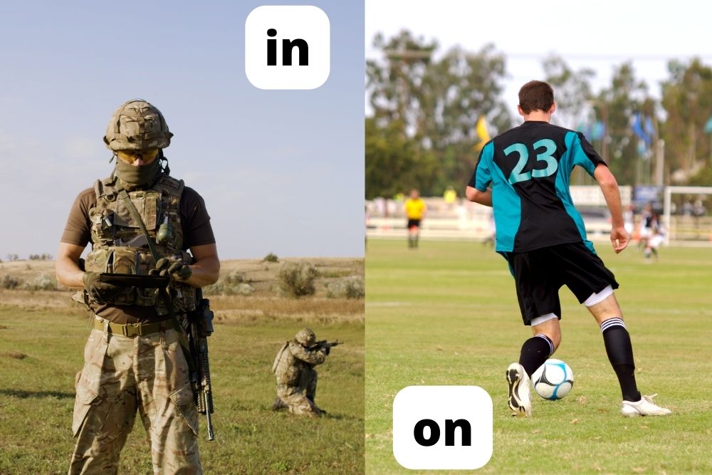 soldiers in a field and soccer players on a field