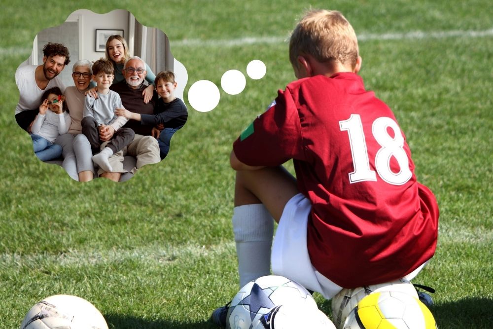 kid soccer player thinking of his family