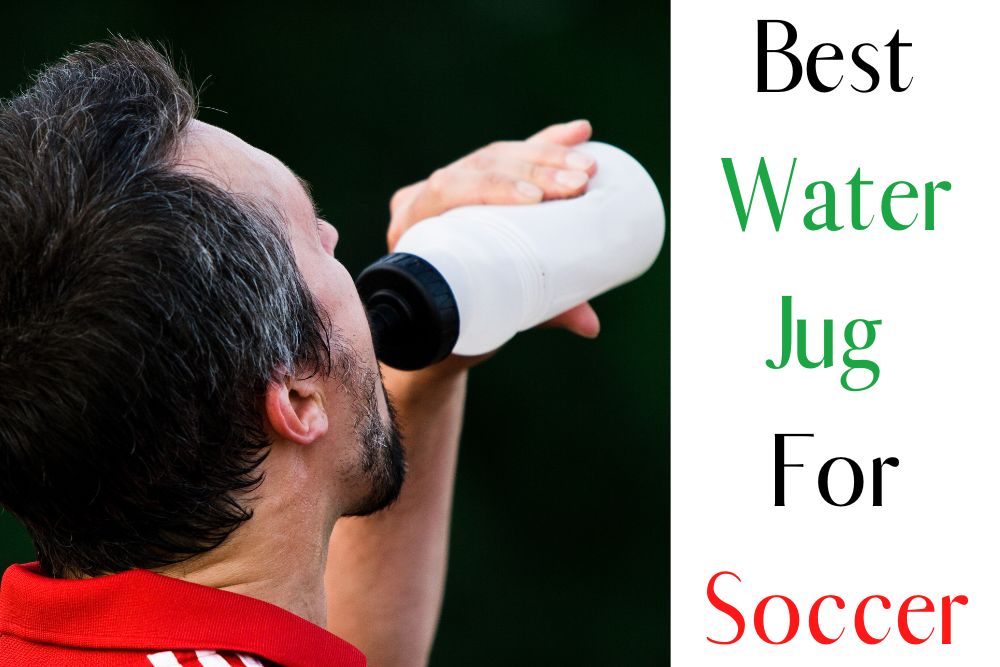 Soccer player is drinking water and the title